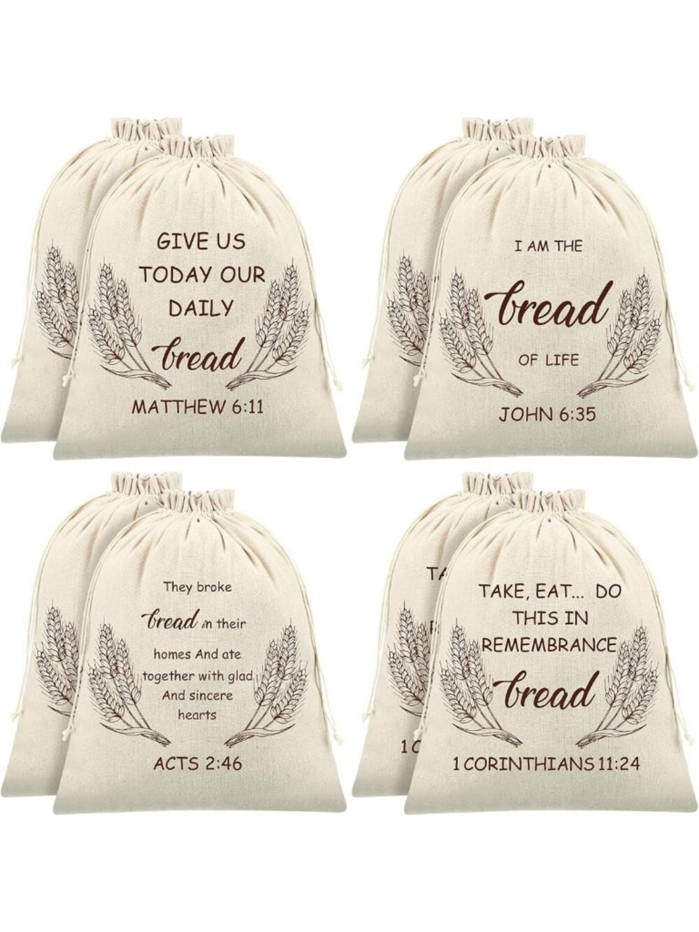 Set of 8 Scripture Linen Bread Bags for Homemade Bread - 12x15 Inches